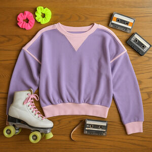 Vintage 80s On the Move Girls Sweatshirt – Pink & Purple Zip Sleeves – Size L 14